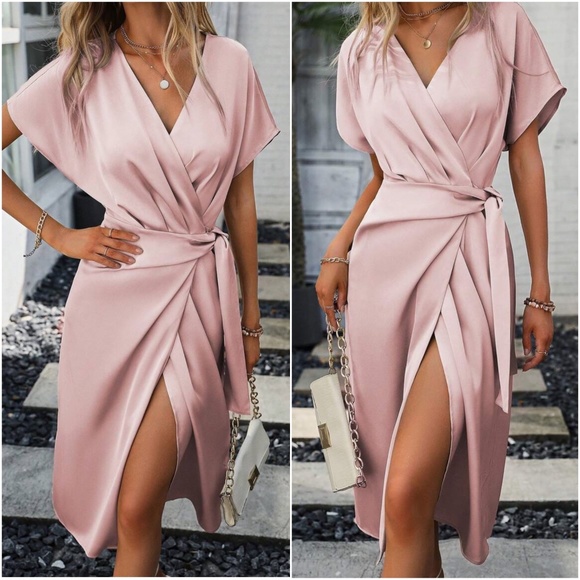 Classic Solid Pleated Wrap Midi Dress - Picture 8 of 9